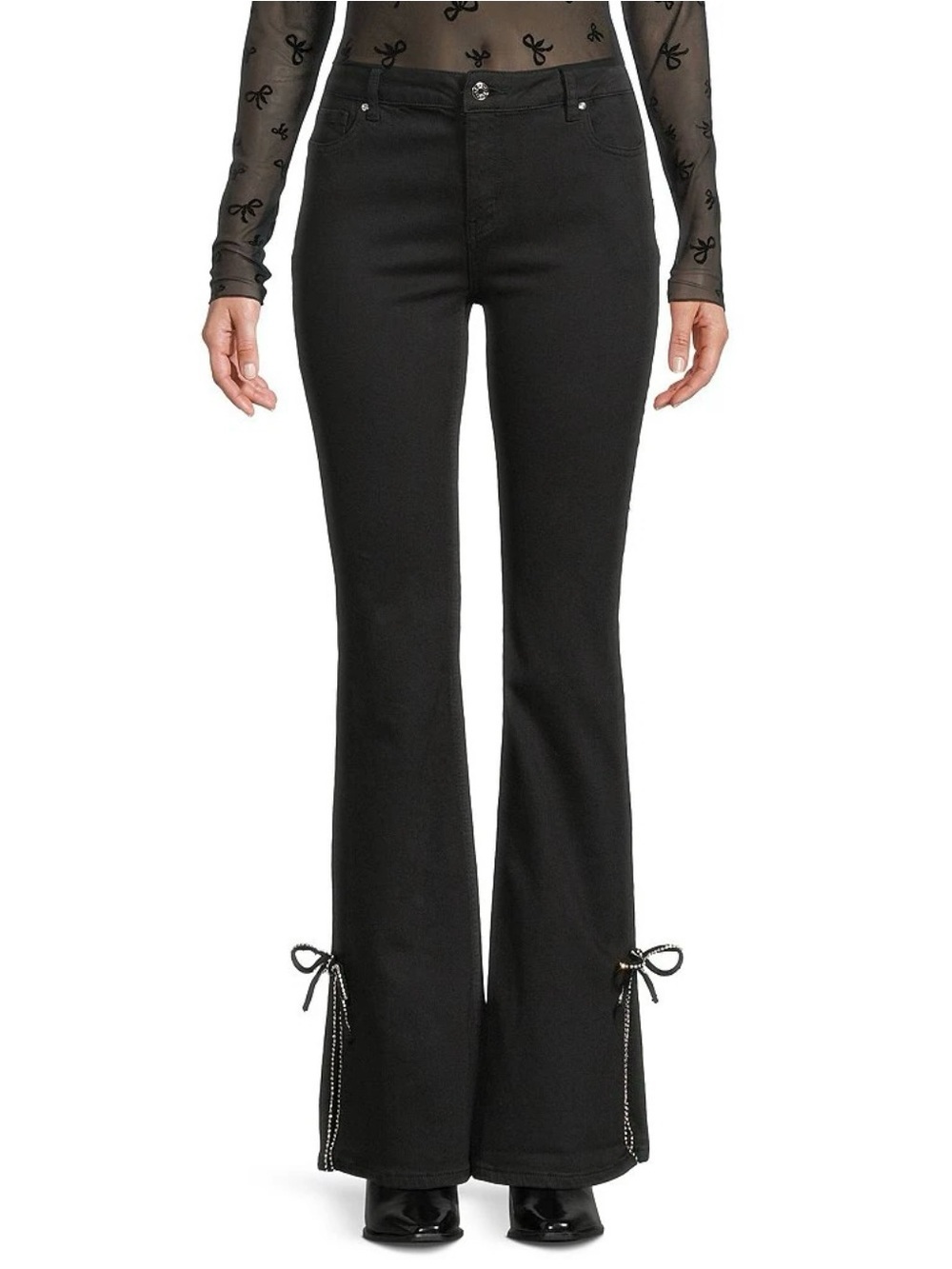 Black Boot-Cut Jeans with Rhinestone Tie Hem